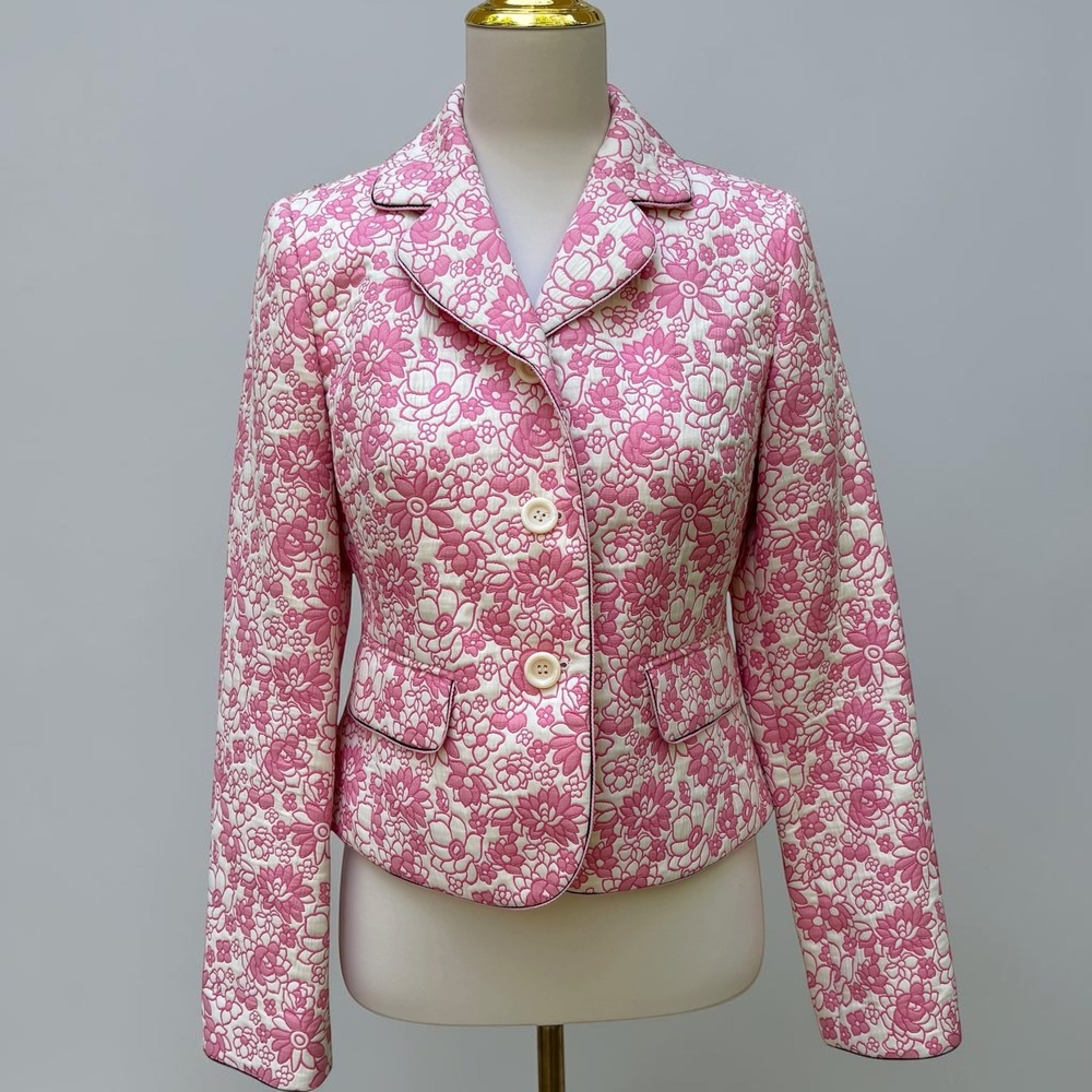Ann Taylor LOFT Blazer 4 Pink White Floral Matelasse Piped‎ Jacket Coquette